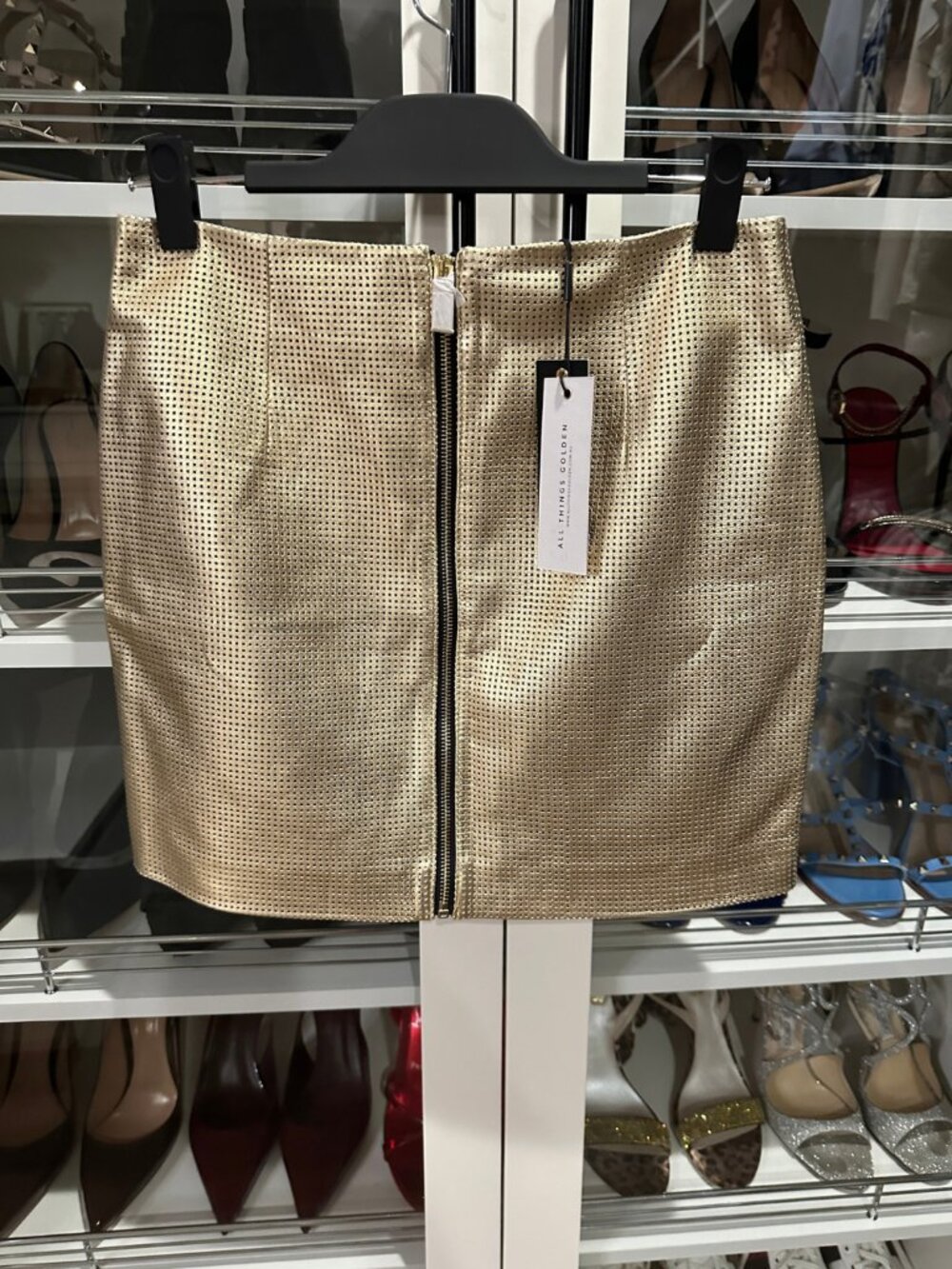 NEW WITH TAGS | ALL THINGS GOLDEN THE GO TO MINI SKIRT – GOLD LEATHER | SIZE L - Picture 4 of 12